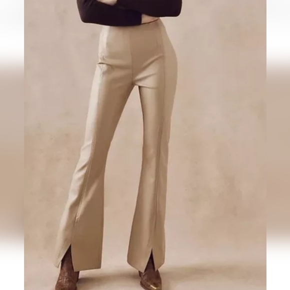 Free People Pants - NWT Free People Beige Real Deal Faux Leather Split Hem Pants